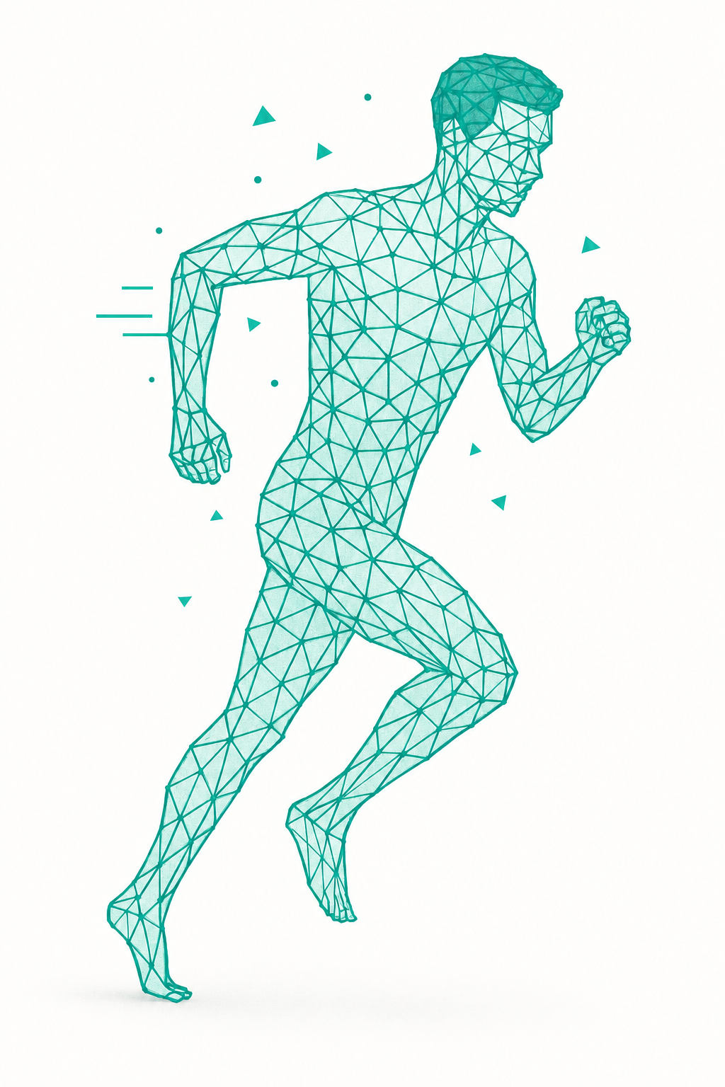 Ilustración de un corredor en malla geométrica verde sobre fondo blanco, con una sombra suave
